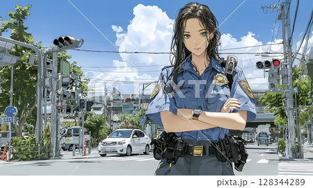こちらを見つめる女性警察官のイラスト素材 128344289