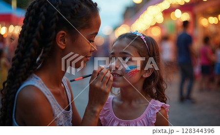 Teen painting red white and blue face paint on child at night street fair 128344396