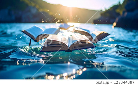 知識の海を漂う:波光きらめく水面の上の本 知識の海を漂う:波光きらめく水面の上の本 128344397