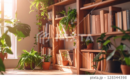 穏やかな読書時間:緑に囲まれた書棚の風景 穏やかな読書時間:緑に囲まれた書棚の風景 128344398