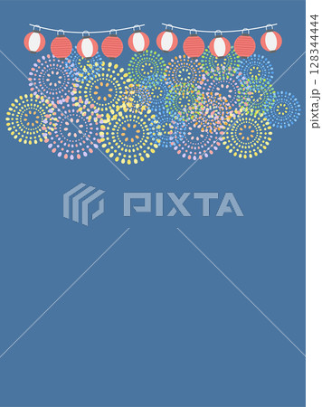 打ち上げ花火  提灯  夏祭り  フレーム  イラスト 128344444