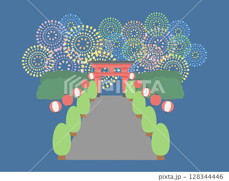 打ち上げ花火 提灯 神社 鳥居 夏祭り フレーム イラスト 打ち上げ花火 提灯 神社 鳥居 夏祭り フレーム イラスト 128344446