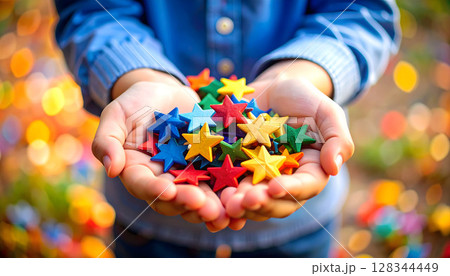 カラフルな星を両手の中にたくさん入れて差し出す子どもの風景 128344449