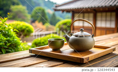 夏の縁側に置かれた急須と湯飲みのある風景 128344543