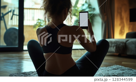 young woman sitting on the floor with her legs crossed. She is wearing black leggings and a black sports bra. Her back is facing the camera and she is holding a smartphone	 128344599
