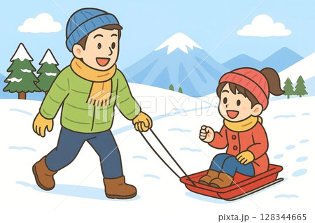そり遊びを楽しむ親子の冬のイラスト 128344665