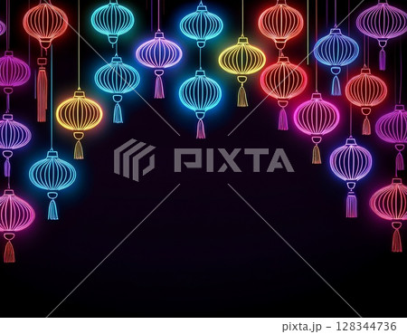カラフルなネオンの提灯がぶら下がっている 128344736