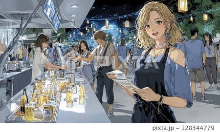フェスティバルの出店で注文を取る女性のイラスト素材 128344779