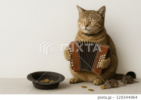 A cat with an accordion and mice collects coins. Space for text. 128344964