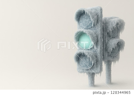 A frozen traffic light with a green signal. Space for text. 128344965
