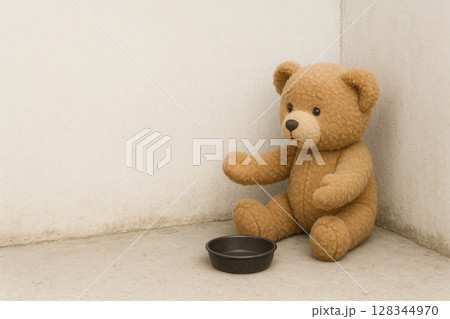 A teddy bear asks for food in the corner of the room. Space for text. 128344970