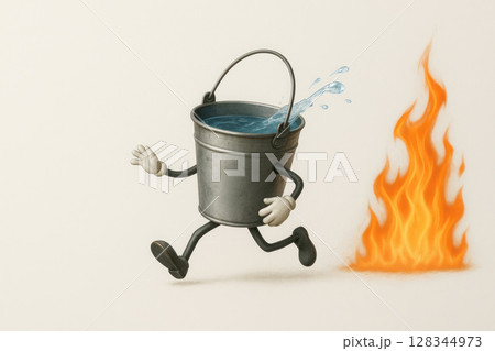 A revived bucket runs away from the fire, spilling water. Space for text. A revived bucket runs away from the fire, spilling water. Space for text. 128344973