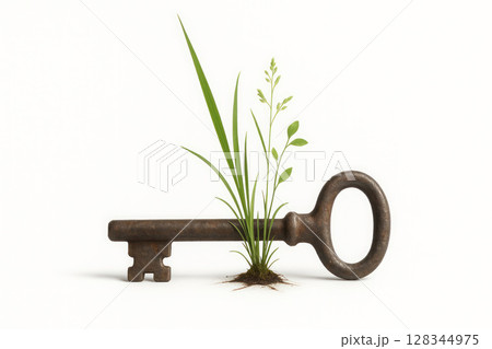 An old key and leaves among the rust. Space for text. 128344975