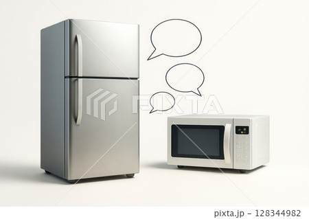 The refrigerator and the microwave are talking to each other. 128344982