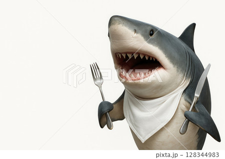 Shark with fork and knife, preparing to eat. Space for text. 128344983