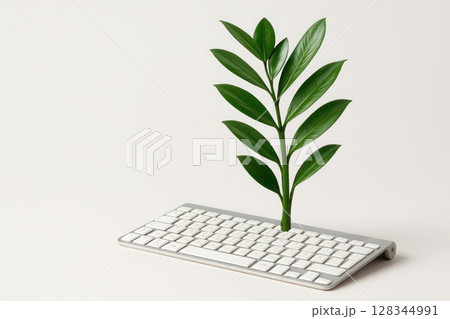 A sprout with green leaves sprouts through the keyboard. Space for text. 128344991