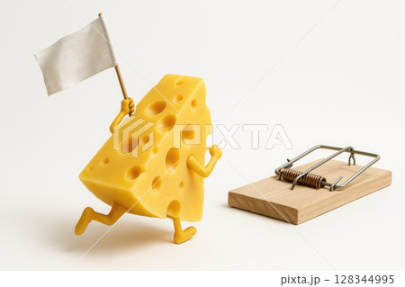 Cheese with arms and legs running away from a mousetrap with a flag. Space for text. 128344995