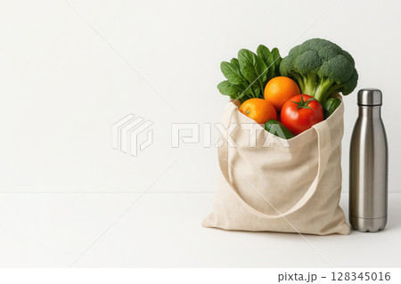 Eco-bag filled with fresh fruits and vegetables. Space for text. Eco-bag filled with fresh fruits and vegetables. Space for text. 128345016