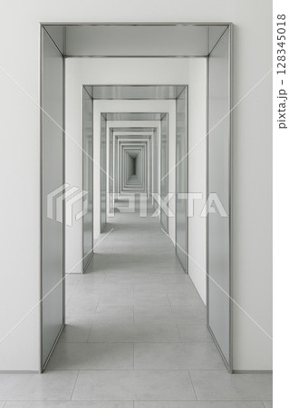 The perspective of an endless corridor of mirrored frames. 128345018