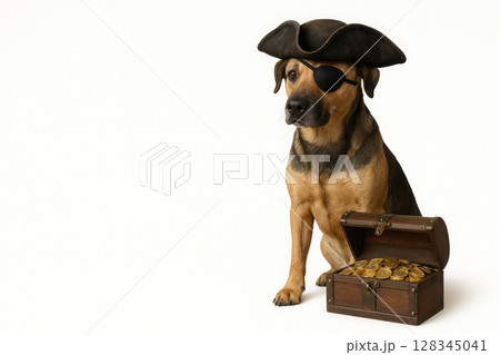 A pirate dog guards a treasure chest. Space for text. 128345041