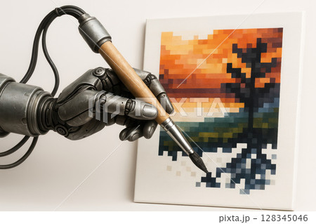 The robot paints a pixelated landscape with a brush. 128345046