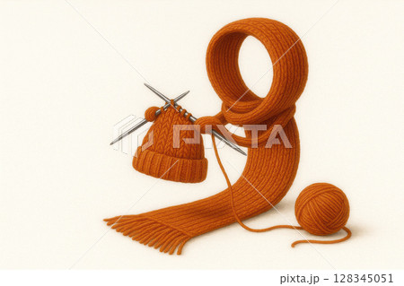 A revived scarf knits a hat from its yarn. Space for text. A revived scarf knits a hat from its yarn. Space for text. 128345051