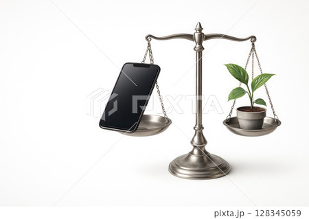 Scales with a phone and a plant, technology against nature. Space for text. Scales with a phone and a plant, technology against nature. Space for text. 128345059