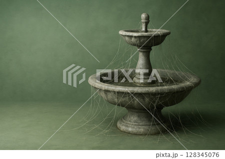 A stone fountain from which spider web threads flow. Space for text. A stone fountain from which spider web threads flow. Space for text. 128345076
