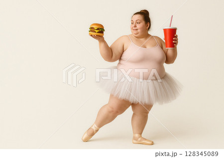 A full ballerina with a burger and a drink. Space for text. A full ballerina with a burger and a drink. Space for text. 128345089