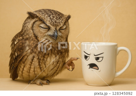 Morning owls with a capricious mug of coffee. 128345092