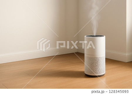 A modern air purifier in a minimalist room. Space for text. 128345093