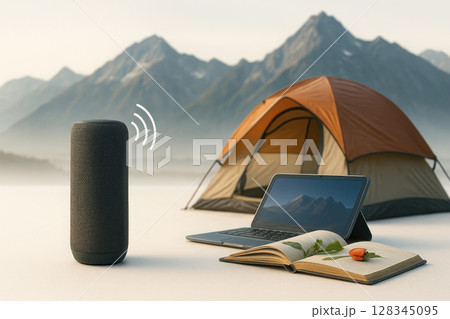 Modern technology in camping with the mountains in the background. 128345095