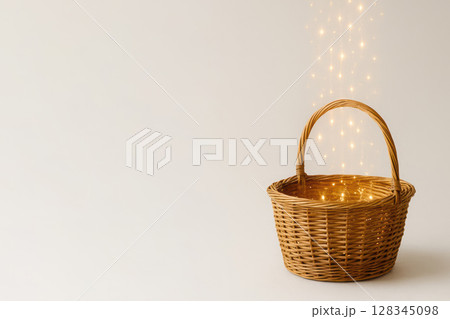Shimmering gold particles spill out of the basket. Space for text. Shimmering gold particles spill out of the basket. Space for text. 128345098