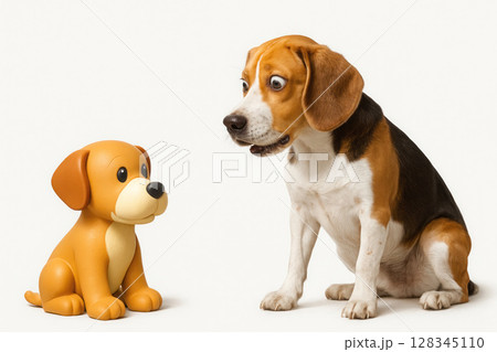 A surprised beagle looks at his toy copy. A surprised beagle looks at his toy copy. 128345110