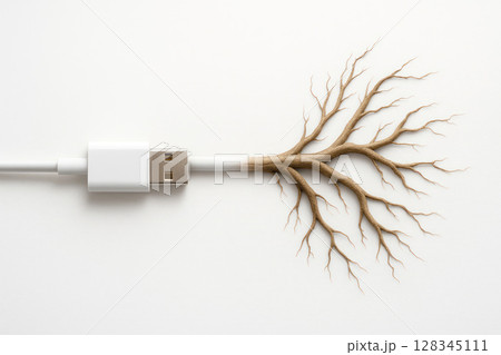 A USB cable that turns into tree-like roots. A USB cable that turns into tree-like roots. 128345111