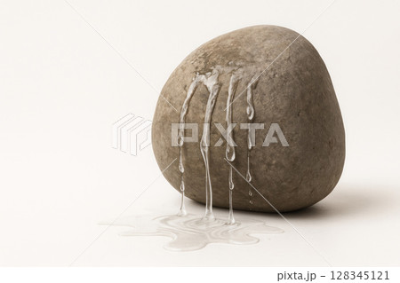 Stone with transparent streams of water on a light background. Space for text. 128345121