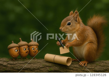 Squirrel signs documents for talking acorns. 128345126