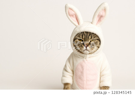 The cat is dressed up as an Easter bunny. Space for text. 128345145