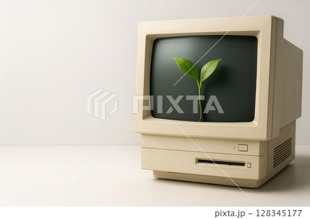A green sprout on the screen of an old computer monitor. Space for text. A green sprout on the screen of an old computer monitor. Space for text. 128345177