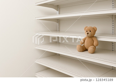 A lonely bear cub on empty shelves. Space for text. 128345189