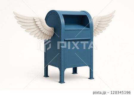 Mailbox with white angel wings on a white background. Mailbox with white angel wings on a white background. 128345196