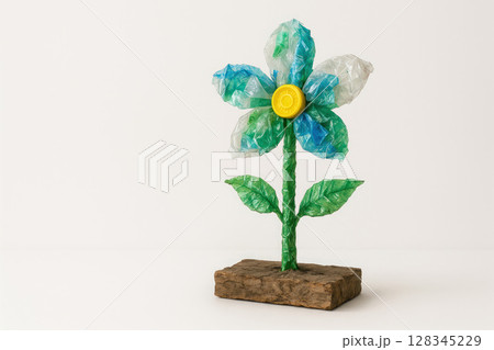 A flower made from plastic waste. Space for text. A flower made from plastic waste. Space for text. 128345229