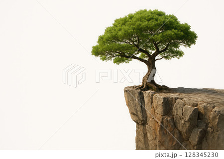 A lonely tree on the edge of a cliff. Space for text. 128345230