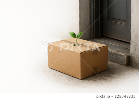 Sprouted plant in a box by the front door. Space for text. 128345233