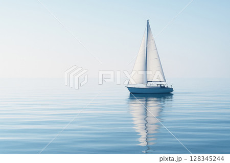 The yacht sails on the serene surface of the azure sea. Space for text. 128345244