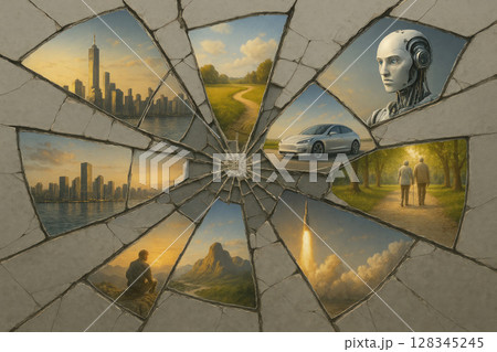 A broken mirror reflecting different sides of the future. 128345245