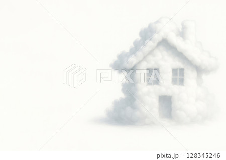 A house made of clouds on a light background. Space for text. 128345246