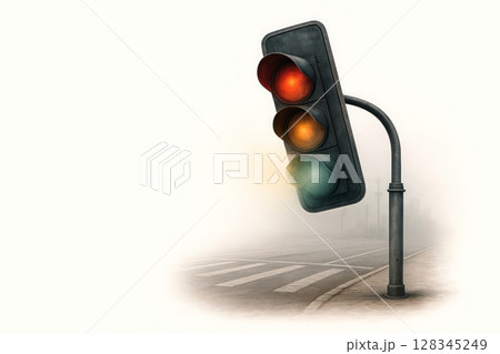 Foggy intersection with a working traffic light. Space for text. 128345249
