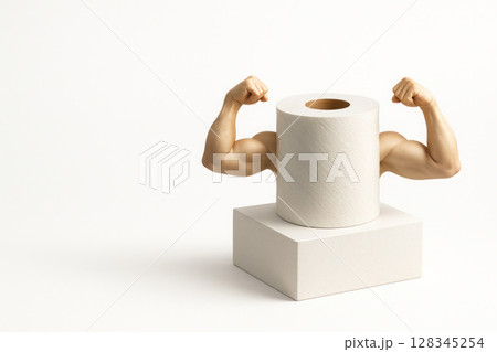Toilet paper with muscles on a pedestal. Space for text. Toilet paper with muscles on a pedestal. Space for text. 128345254