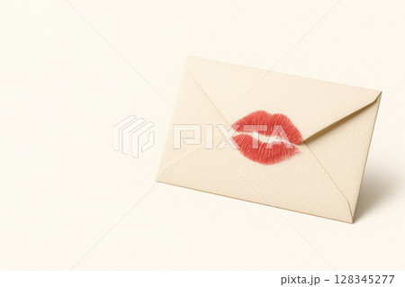 An envelope with a kiss on a white background, a symbol of romance. Space for text. 128345277
